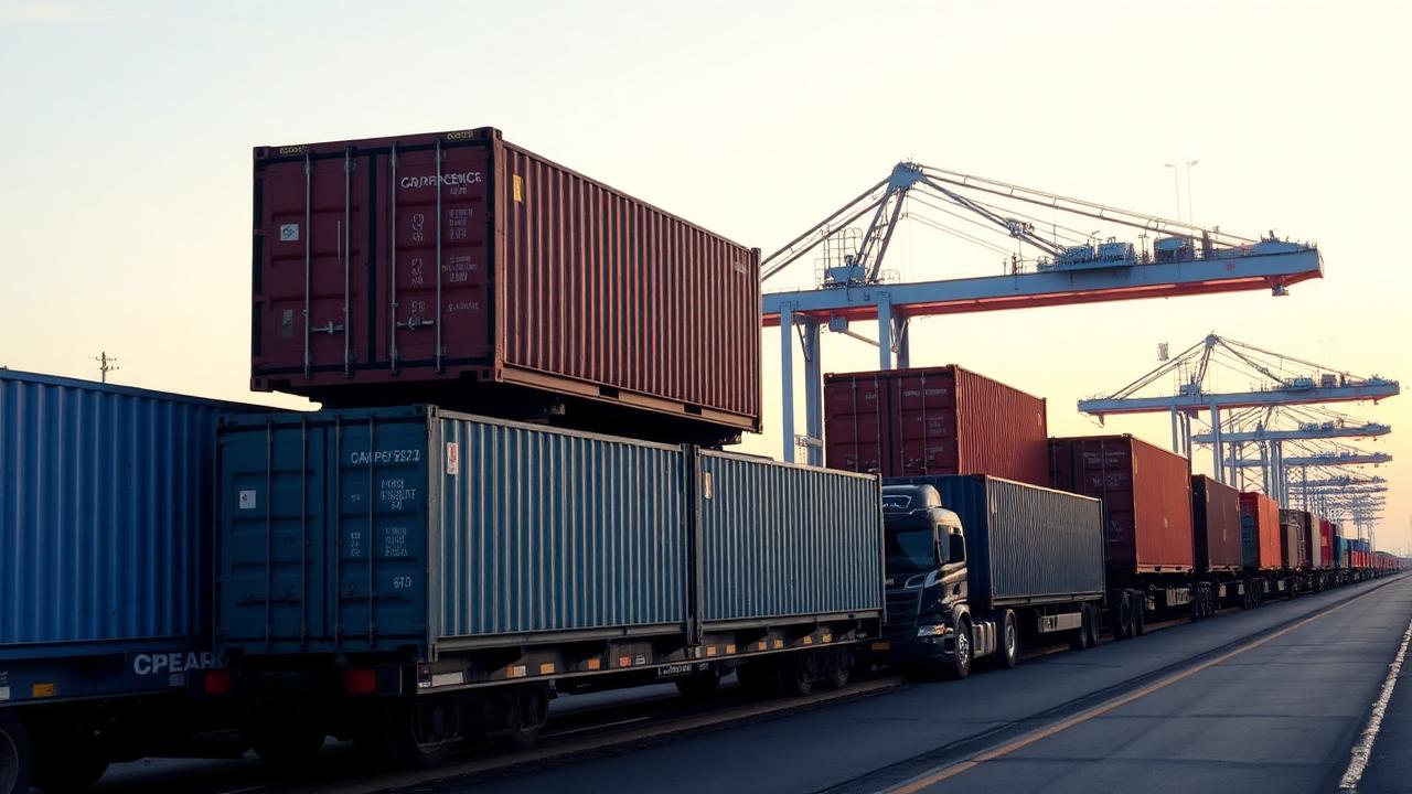Intermodal containers moving through a rail terminal